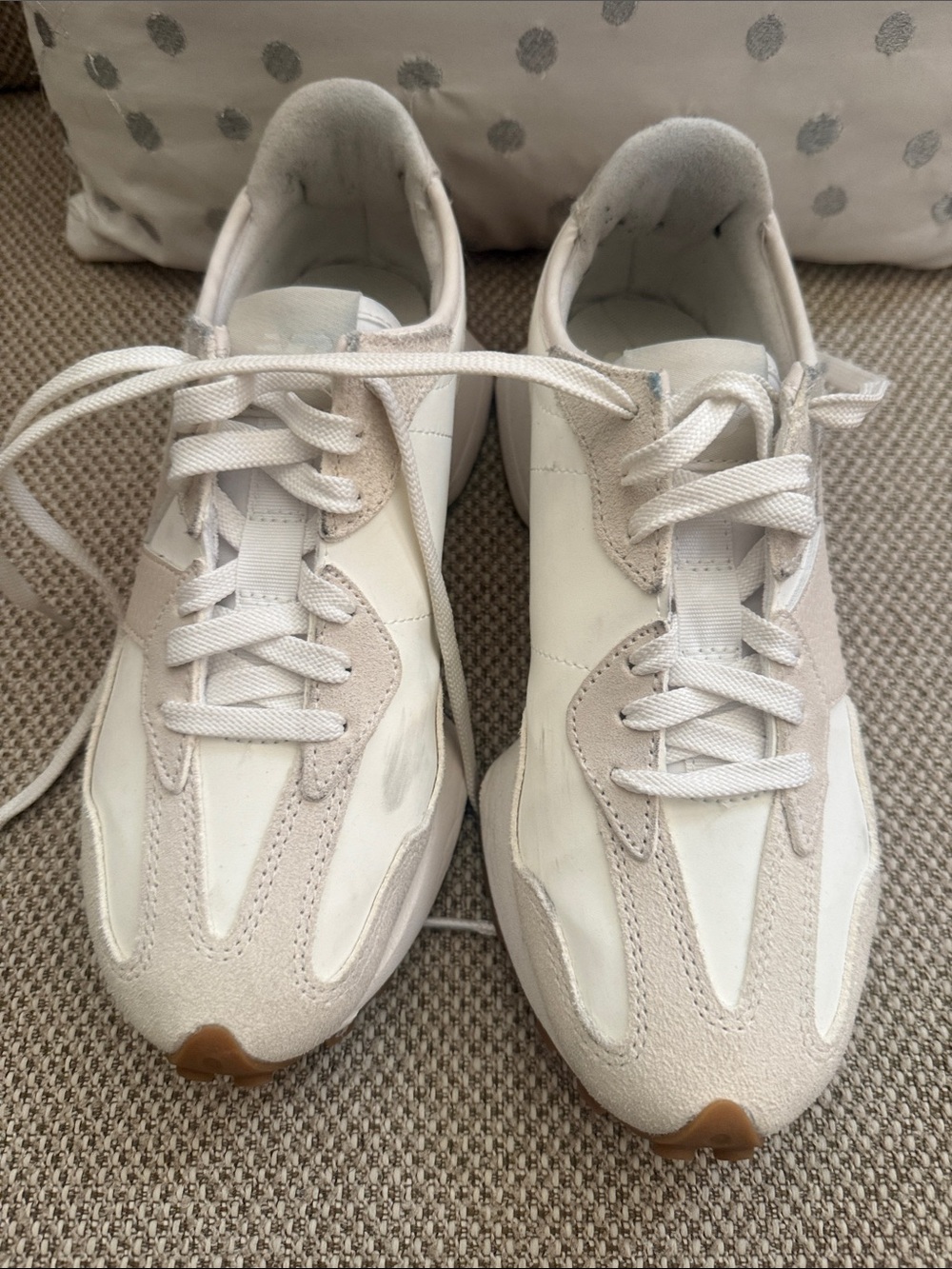 New Balance 370 Neutral Lace-Up Sneakers in White and Beige